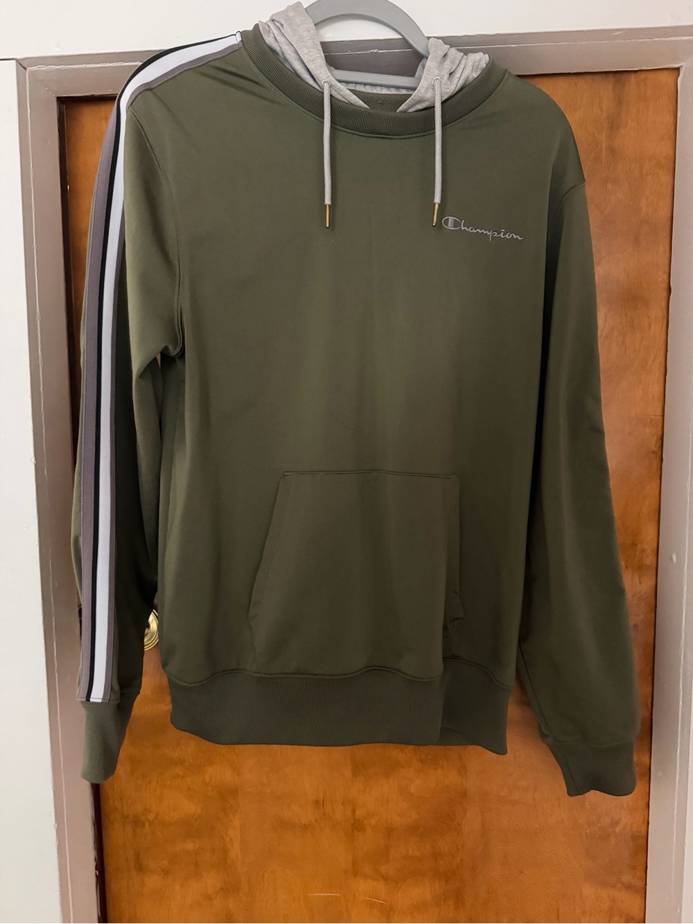 Champion Olive Green Hoodie with Gray Hood and Stripe-Trim Sleeves